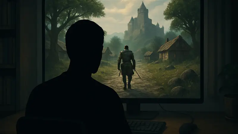 Игрок смотрит на экран монитора, а на заднем плане виден эффект headbob в RPG-игре.