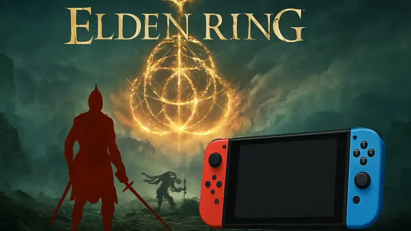 Фэнтези-мир Elden Ring с персонажем, логотип игры и консоли Nintendo Switch 2.