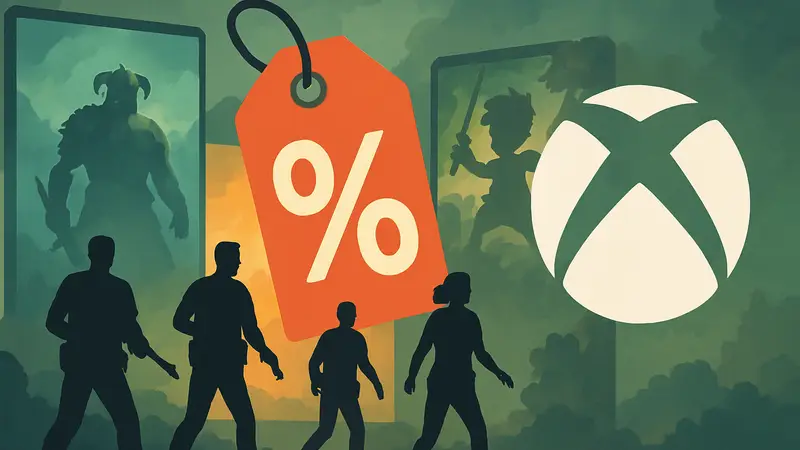 Логотип Xbox и изображение игр со скидками на фоне значка распродажи, иллюстрация выгодных предложений.