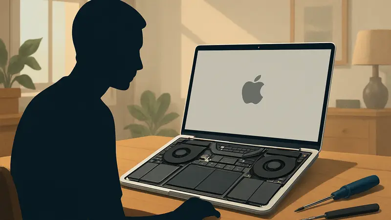 MacBook Neo на рабочем столе с открытой крышкой, демонстрирующий внутренние компоненты для ремонта.