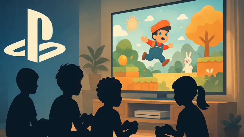Логотип PlayStation и молодые геймеры, играющие в новые детские игры на консоли