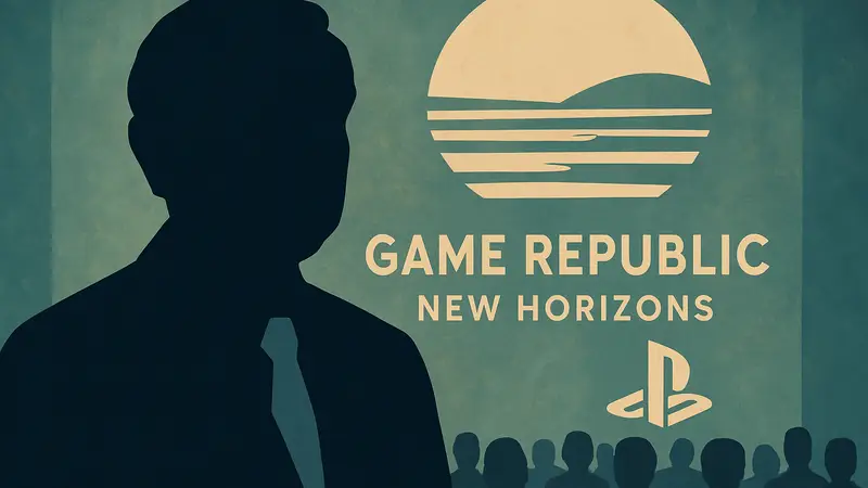 Портрет Кена Кутараги, "отца PlayStation", на фоне логотипа Game Republic New Horizons.