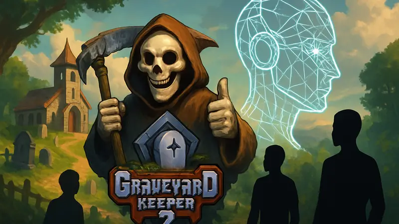 Логотип Graveyard Keeper 2 на фоне с текстом об ИИ
