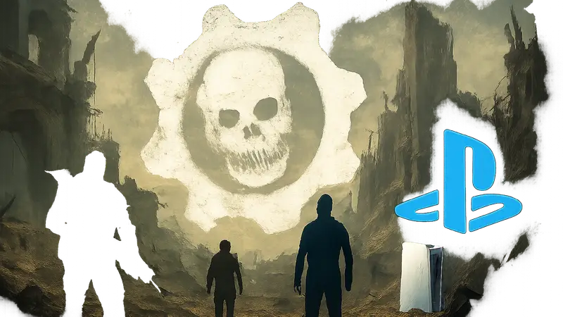 Логотип Gears of War: E-Day на фоне разрушенного города, с намёком на слухи о PS5.