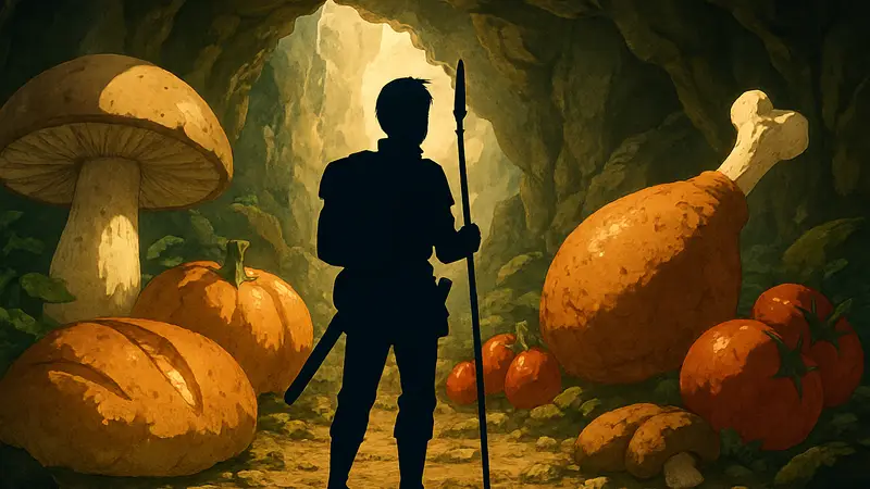 Игровой персонаж из аниме Delicious in Dungeon на фоне пещеры с едой.