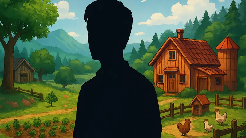 Создатель Stardew Valley Эрик Бароне (ConcernedApe) на фоне игры.