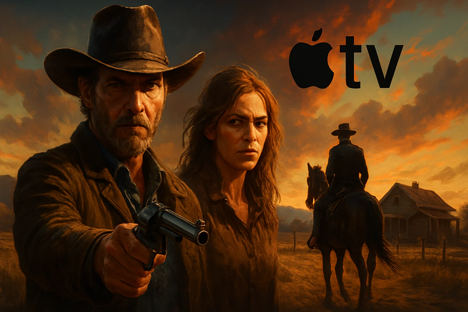 Кадр из нео-вестерн триллера Apple TV, демонстрирующий ключевую сцену или персонажей, отражающую жанр.