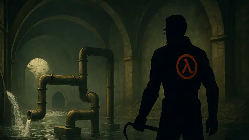 Гордон Фримен в канализации Half-Life 2, решает водную головоломку с трубами.