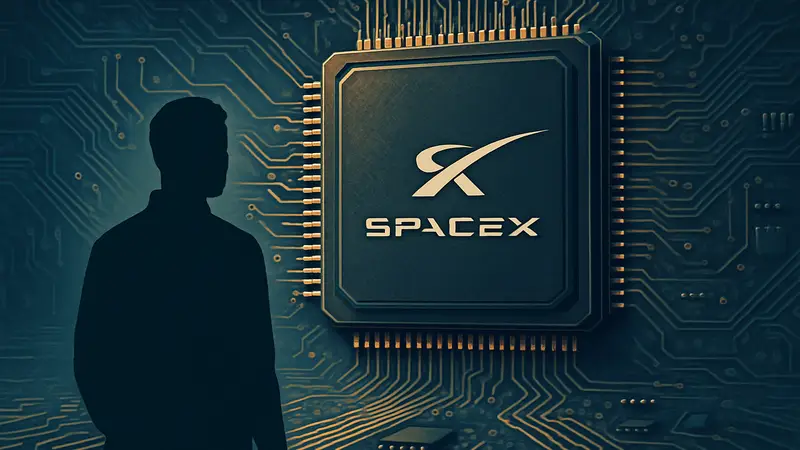 Логотип SpaceX на фоне схемы или изображения микрочипа, символизирующего новую фабрику Terafab.
