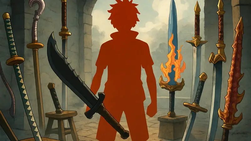 Арт или иллюстрация с различными мечами и оружием из аниме и манги One Piece