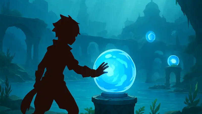 Игрок Genshin Impact решает водную головоломку Морелуния в регионе Фонтейн, активируя сферу.