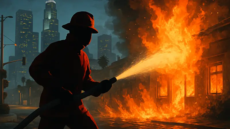 Пожарный в форме тушит пламя из шланга в GTA Online, спасая город Лос-Сантос от огня.