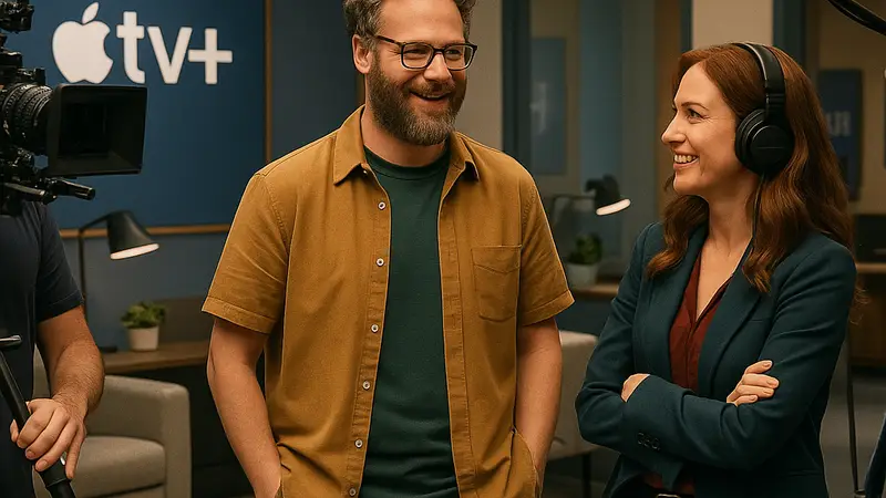 Кадр из комедийного сериала «Студия» с актерами на съемочной площадке Apple TV+.