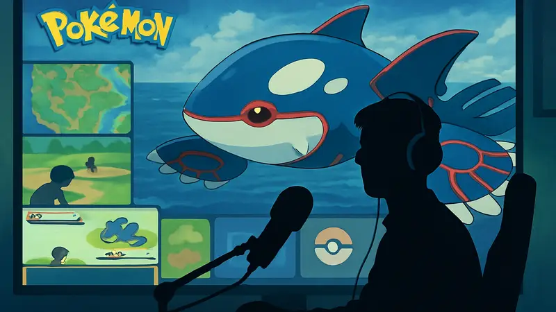 WolfeyVGC на стриме, на фоне изображение покемона Когорга (Kyogre) и элементов игры Pokémon.
