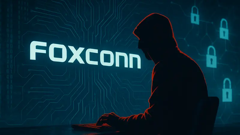 Кибератака на Foxconn: логотип компании на фоне хакерского кода или схемы сети