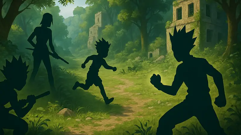Персонажи Hunter x Hunter Nen x Survivor в стиле мобильной игры Survivors-like.