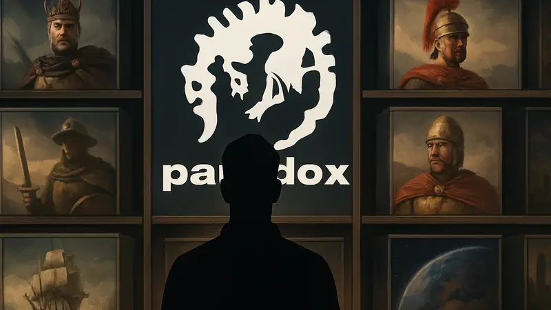 Логотип Paradox Interactive на фоне множества коробок с дополнениями для популярных стратегических игр.