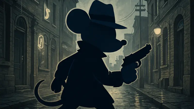 Мышь-детектив с пистолетом в чёрно-белом мультяшном стиле, арт из игры Mouse P.I. For Hire