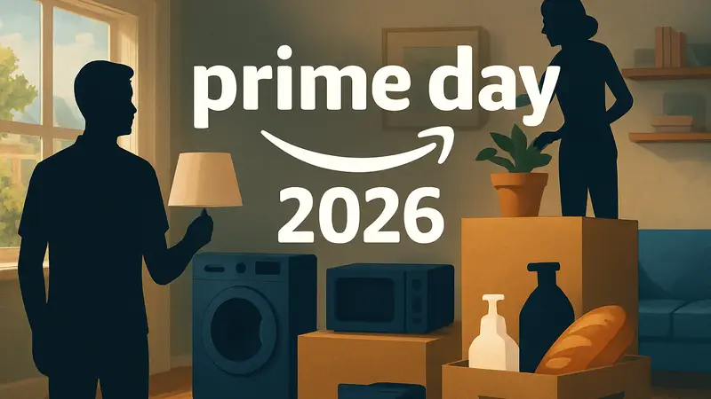 Логотип Amazon Prime Day 2026 с датами проведения и товарами первой необходимости.