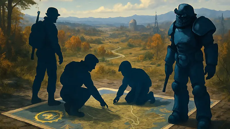 Персонажи Fallout 76 исследуют расширенную карту, символизирующую обновление 2026 года от Bethesda.