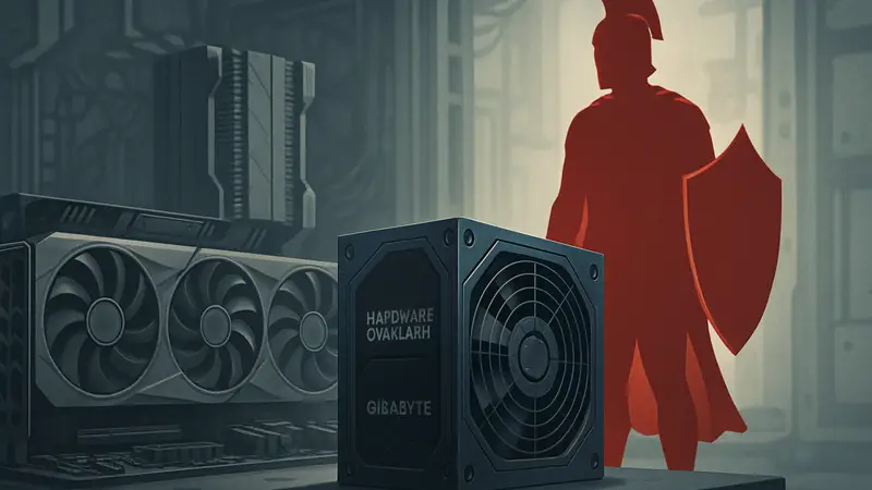 Блок питания Gigabyte из серии Hardware Guardian с компонентами ПК.