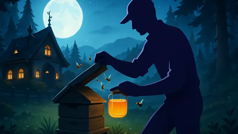 Игровой персонаж собирает мед из пчелиного улья на ферме в игре Moonlight Peaks.