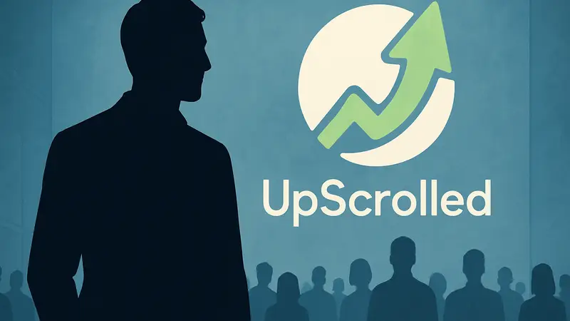 Основатель социальной сети UpScrolled на фоне логотипа платформы, символизирующего рост пользователей.