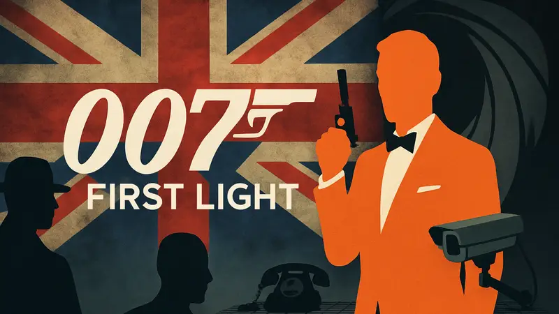 Логотип 007 First Light на фоне британского флага или шпионской атрибутики, символизирующей изменения в диалогах.