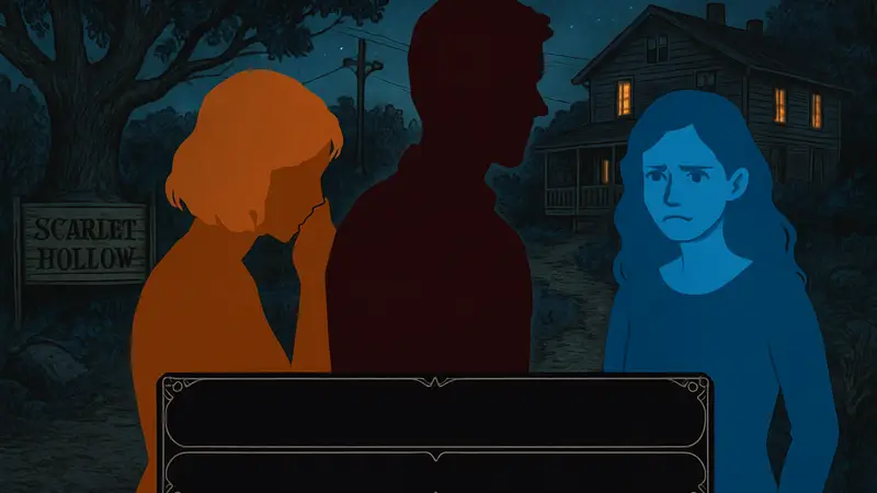 Скриншот из игры Scarlet Hollow с диалоговым окном и персонажами, демонстрирующими эмоции.