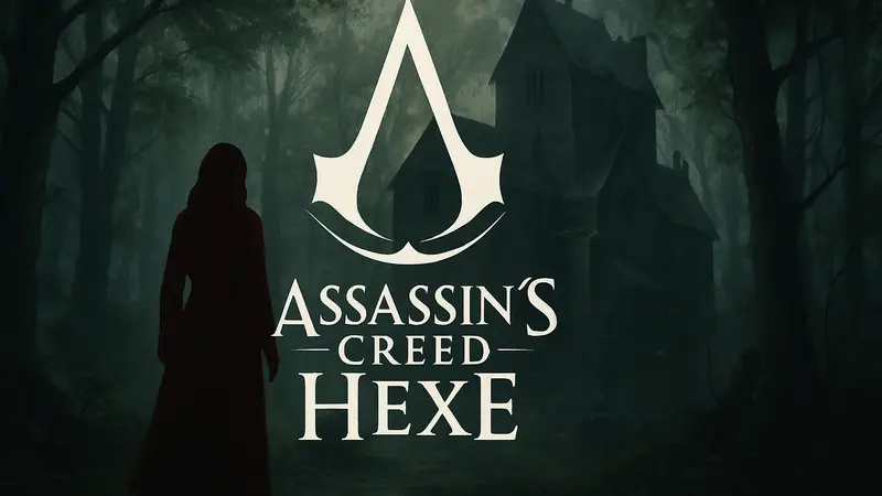 Логотип Assassin's Creed Hexe на фоне таинственного леса или замка.