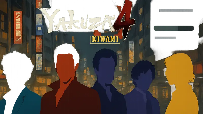 Логотип Yakuza Kiwami 4 на фоне персонажей серии Like a Dragon, а также опрос по игре Judgment.