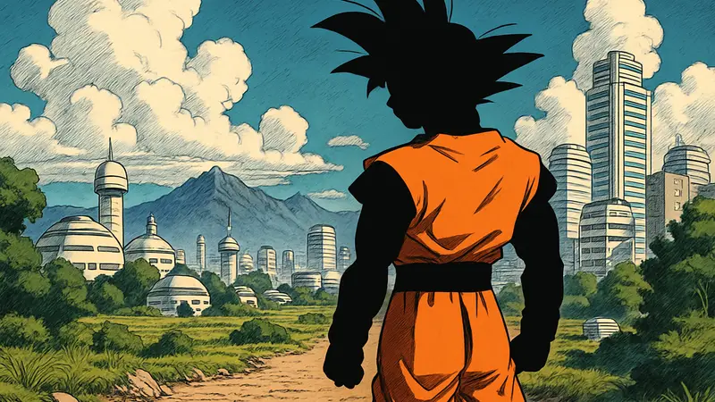 Иллюстрация главного героя Dragon Ball Super, Гоку, в стиле манги с текстом.