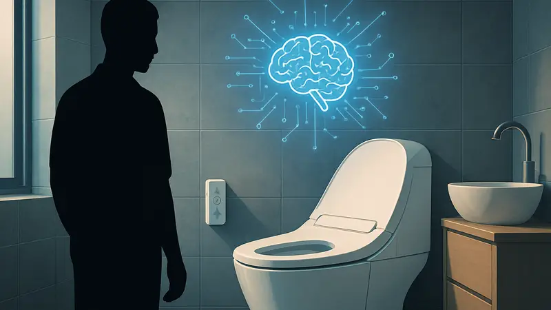 Изображение современного умного японского туалета с элементами искусственного интеллекта.