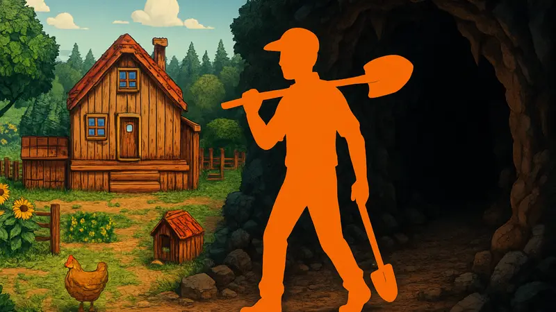 Игрок Stardew Valley ищет секрет на ферме или в шахт ах, возможно, с лопатой в руках.