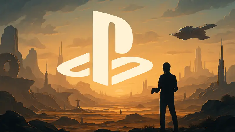 Логотип PlayStation 5 на фоне футуристического игрового пейзажа, символизирующего будущее игр.