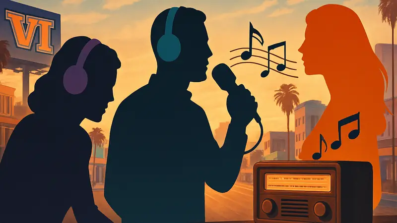 Арт-изображение персонажей GTA 6 рядом с радиоприёмником и музыкальными нотами.