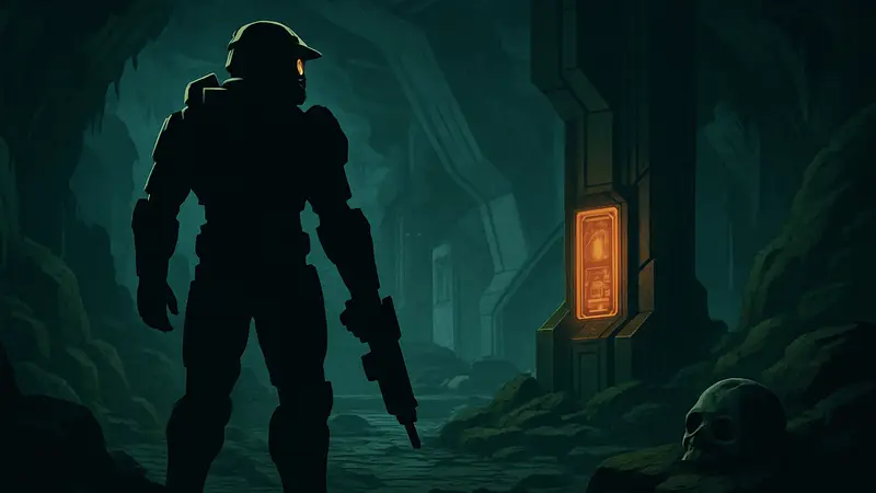 Мастер Чиф в процессе исследования уровня «Пасть» в игре Halo: Combat Evolved, скриншот из гайда по секретам.