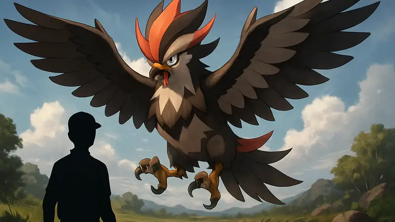 Изображение Mega Staraptor, мощного покемона, ставшего смертоносным в игре Pokémon.