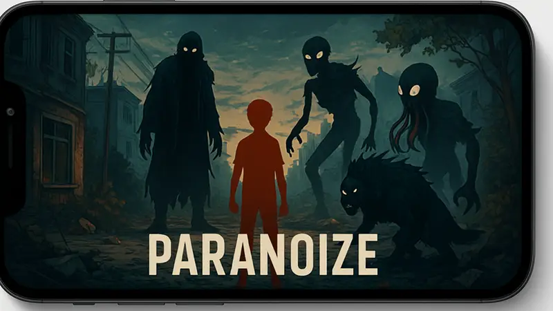 Скриншот или обложка мобильного кинокомикса Paranoize с элементами коллекционирования существ.