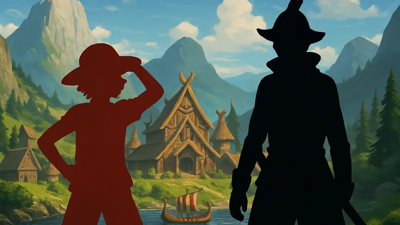 Персонажи One Piece на фоне Элбафа, вероятно Усопп и другой член команды.
