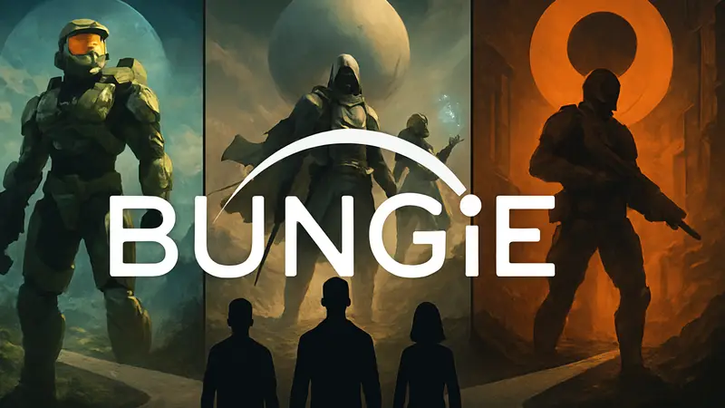 Логотип Bungie на фоне фрагментов обложек игр Halo, Destiny и Marathon.