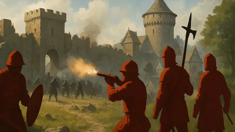 Скриншот или концепт-арт игры Kingmakers с рыцарями и огнестрельным оружием.