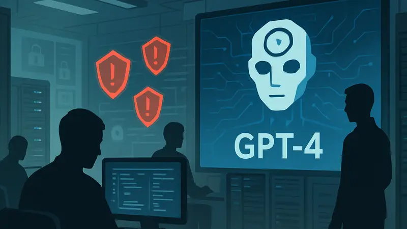 Иллюстрация, показывающая искусственный интеллект GPT-4 и уязвимости безопасности в корпоративных системах.