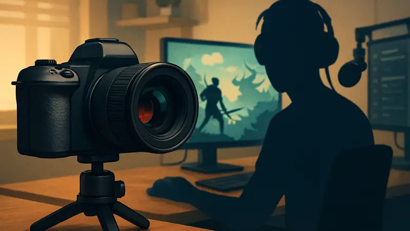 Высококачественная веб-камера Yololiv YoloCam S3, напоминающая DSLR-камеру, на рабочем столе стримера.