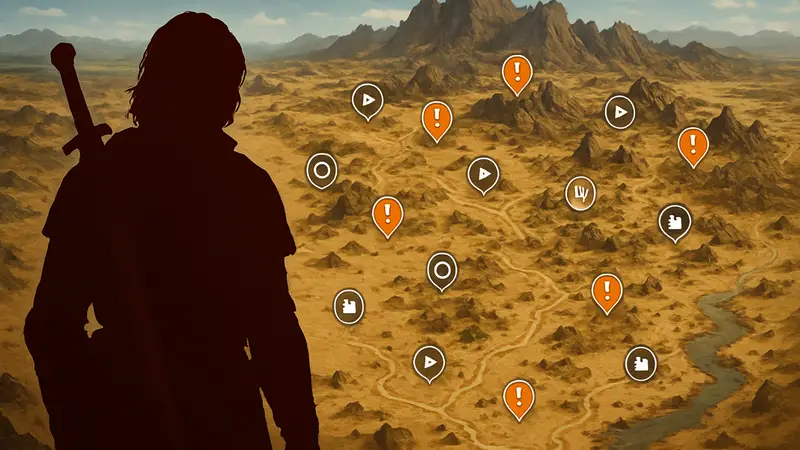 Интерактивная карта региона Пустыня (Desert) в игре Crimson Desert с отметками квестов и точек интереса.