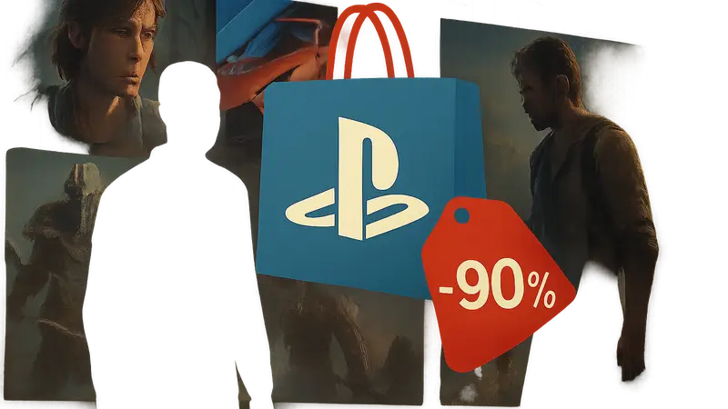 Логотип PlayStation Store на фоне игровых обложек с иконкой скидки до 90%