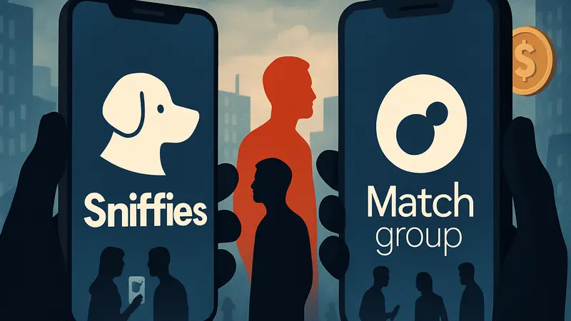 Логотип Sniffies и Match Group на фоне смартфонов, символизирующих онлайн-знакомства и инвестиции.