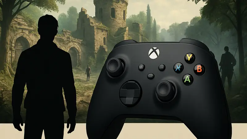 Геймпад Xbox на фоне скриншота из ремейка старой игры с обновлённой графикой.