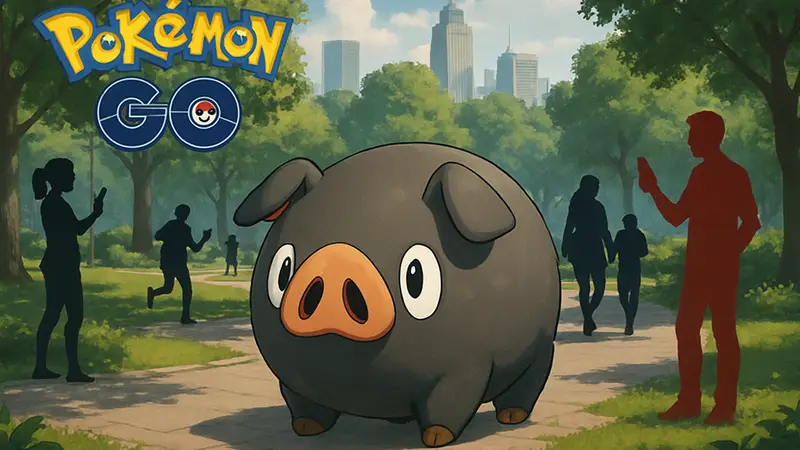 Покемон Lechonk из игры Pokémon Go на фоне городского парка во время Дня сообщества