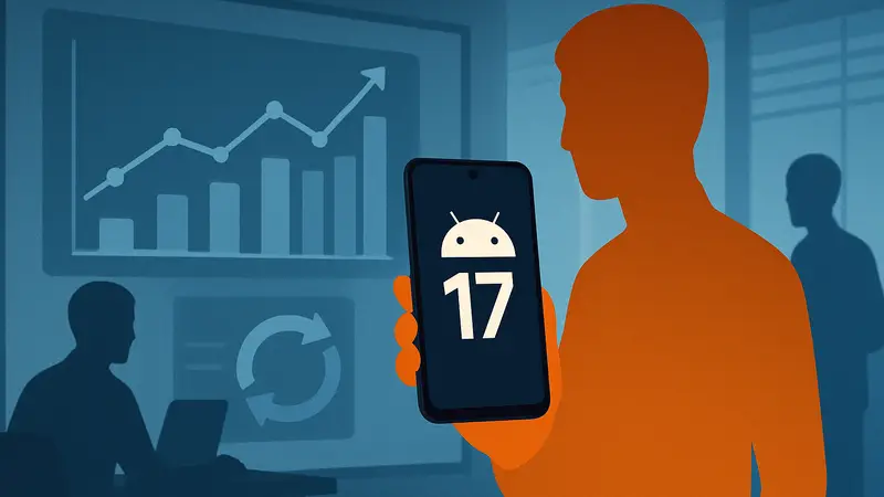 Логотип Android 17 на экране смартфона с графиками непрерывного процесса разработки.